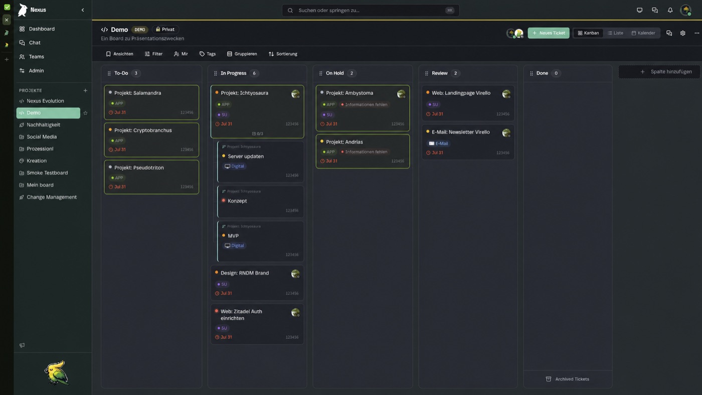 Nexus in a demo workspace: project navigation on the left, next to a kanban board with tickets across several columns.
